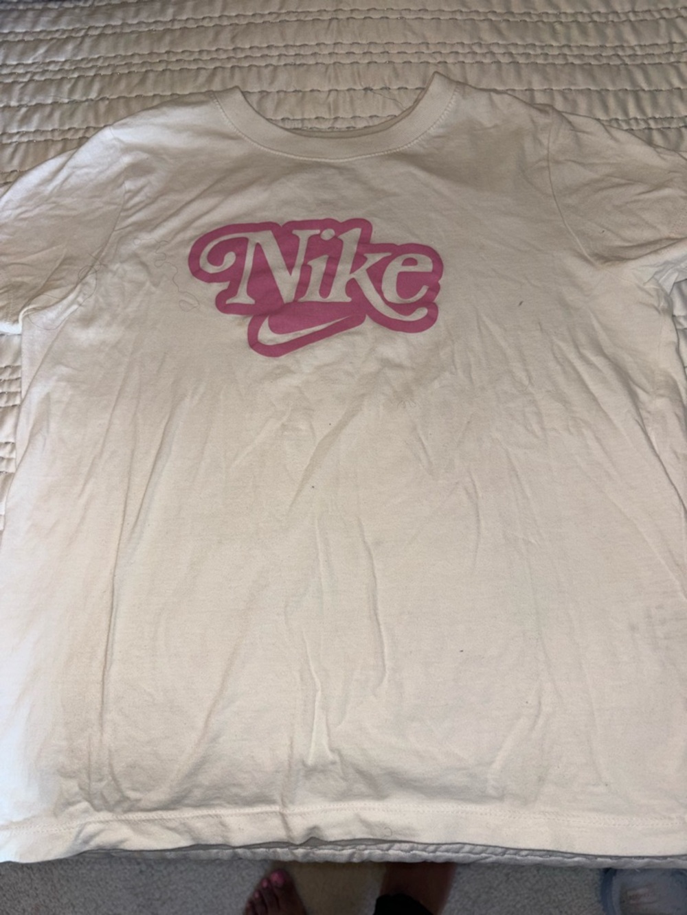 Nike White T-Shirt with Pink Script Logo